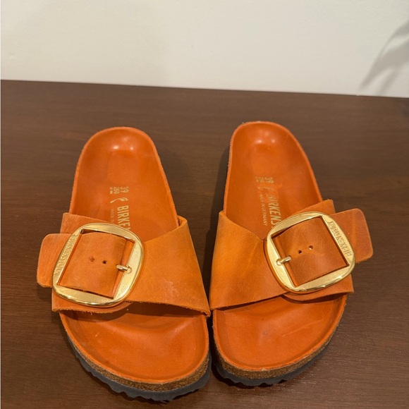 Birkenstock Madrid Big Buckle | Tan/Orange Slides with Gold Buckle - Picture 3 of 15